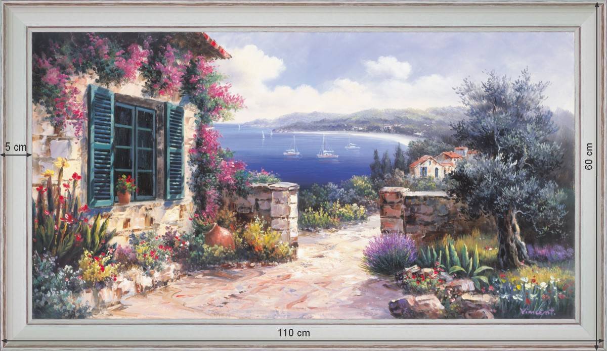 Small provençal house on blue sea - Landscape 60x110 cm - White curved