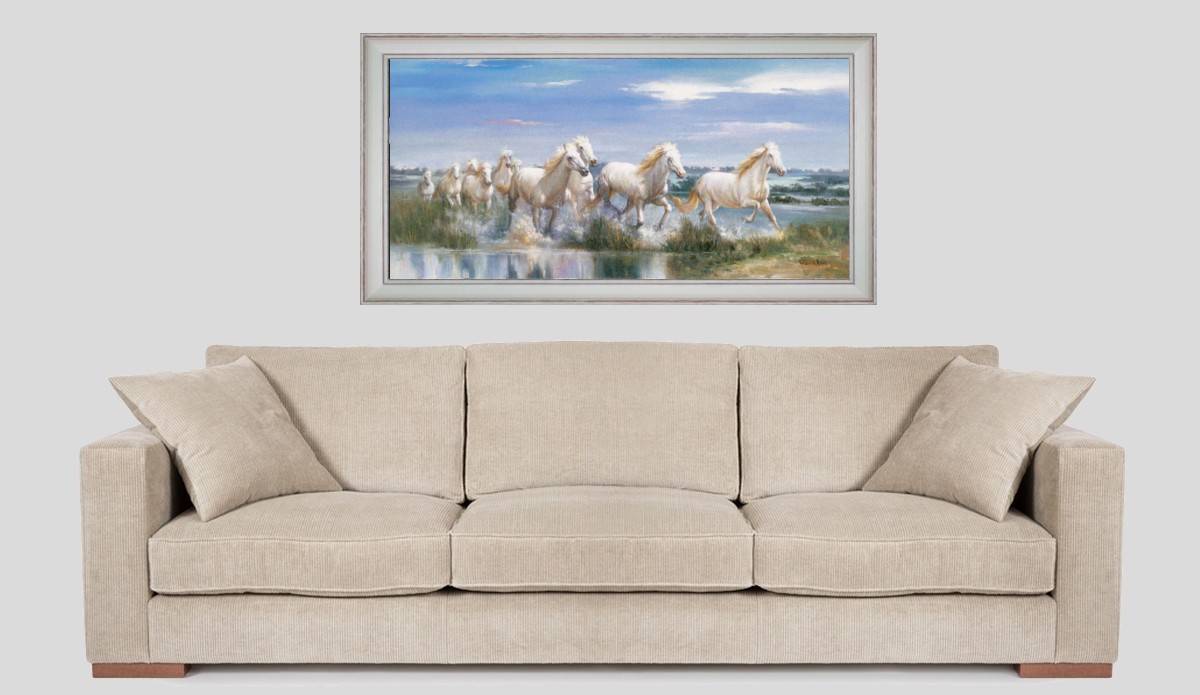 Horses at a gallop in the delta - Panoramic in situation - White frame