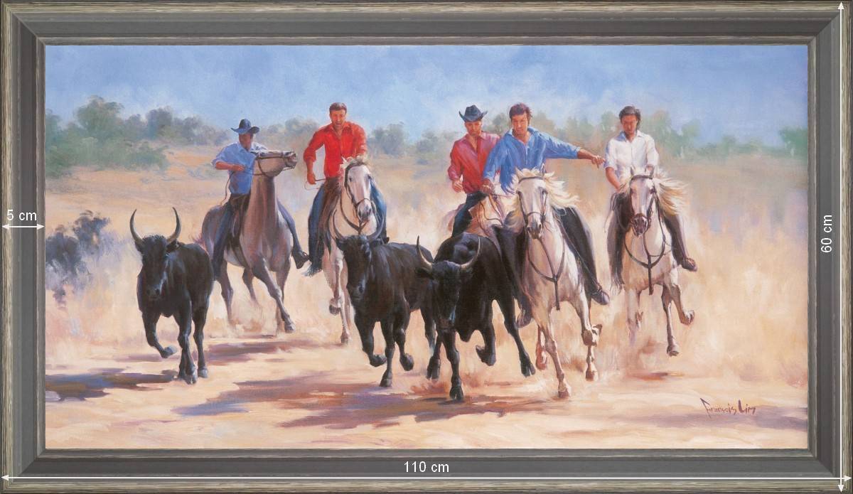 Gardians et taureaux de Camargue - Paysage 60x110 cm - Grisée incurvée