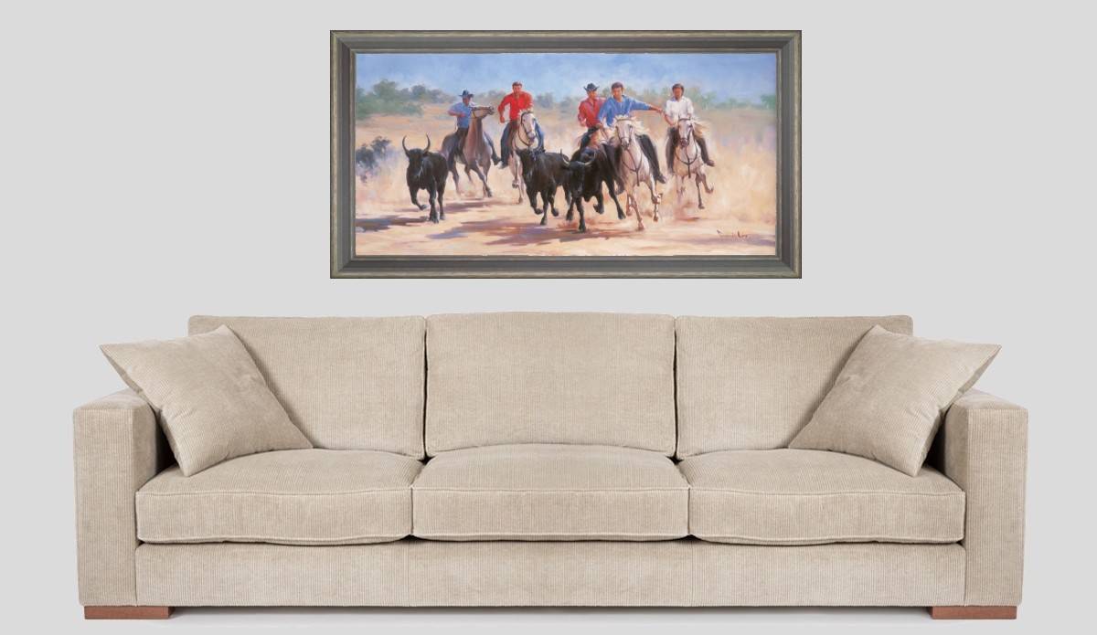 Herdsmen and bulls of the Camargue - Panoramic view in situation - Grey frame
