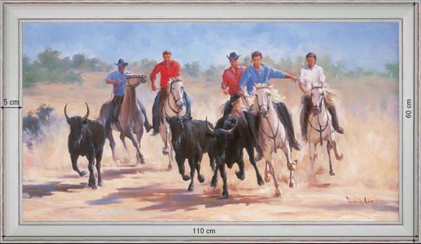 Herdsmen and bulls of the Camargue - Landscape 60x110 cm - White curved