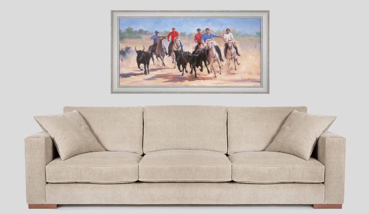 Herdsmen and bulls of the Camargue - Panoramic view in situation - Cleared frame