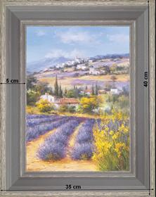 Champs de lavande sous le village - paysage 40 x 35 cm - Grisée incurvée