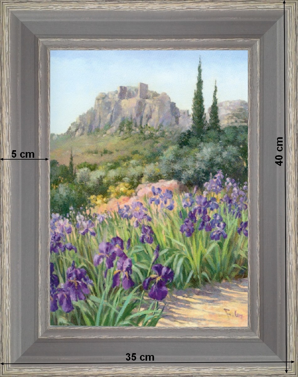 Iris et cyprès - paysage 40 x 35 cm - Grisée incurvée